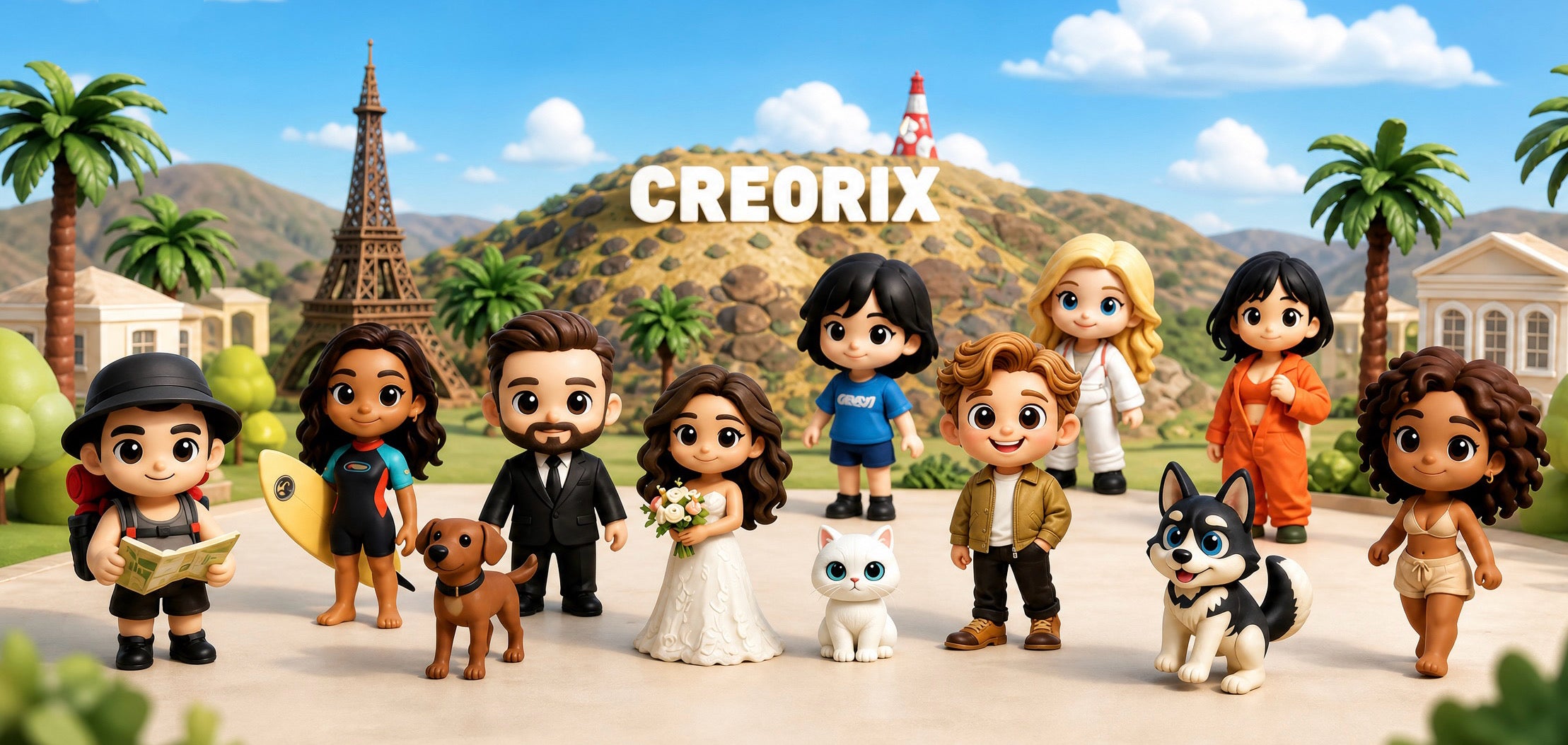 A row of Creorix chibi-style figurines on a stage